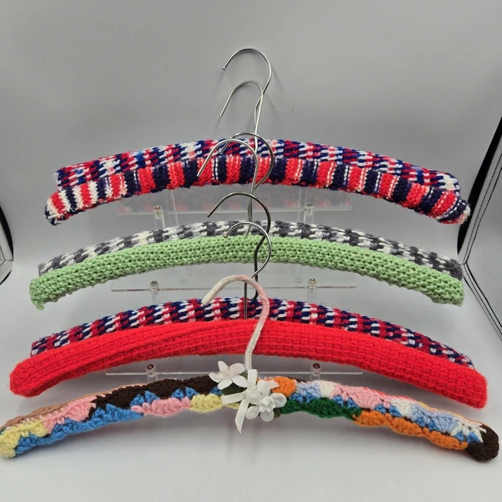 Crochet Knitted Hangers Grannycore Chic Lot of 7 VTG Handmade Wooden Fancy Color